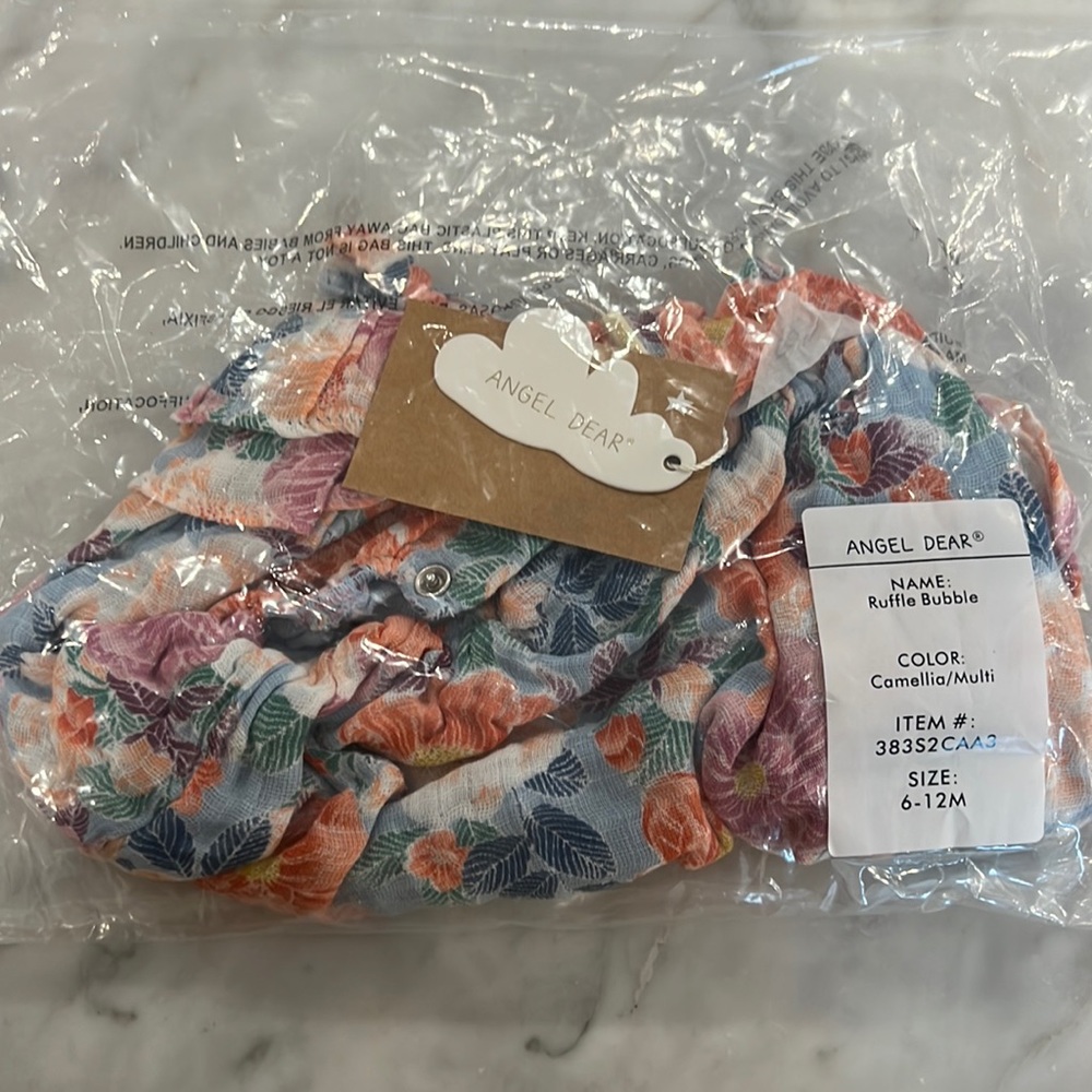 Angel Dear camellia/multi ruffle bubble size 6/12M, NWT